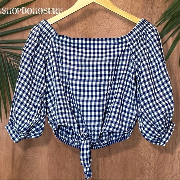 🎁 3 for $30 FOREVER 21 gingham off the shoulder cropped top with tie front - Picture 5 of 8